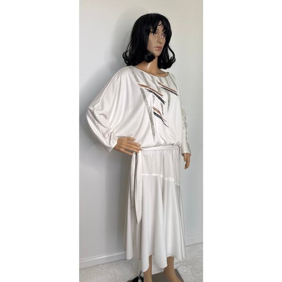 Vintage 1980s Riccardo White Batwing Dress Sequin Geometric Design medium - Picture 16 of 16
